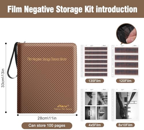 eTone Film Negative Storage Box, PU Leather 3-Ring Binder Album, Gold Foil, 13.18x7.08x1.96 Inch, Velvet Lined for 35mm 120 4x5 8x10 Negatives (Brown) - Image 2