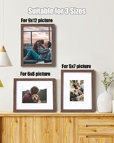 Egofine 9x12 Picture Frames Set of 4, Made of Solid Wood Covered by Plexiglass 5x7 and 6x8 with Mat or 9x12 without Mat, for Table Top Display and Wall Mounting Photo Frame Brown - Image 5