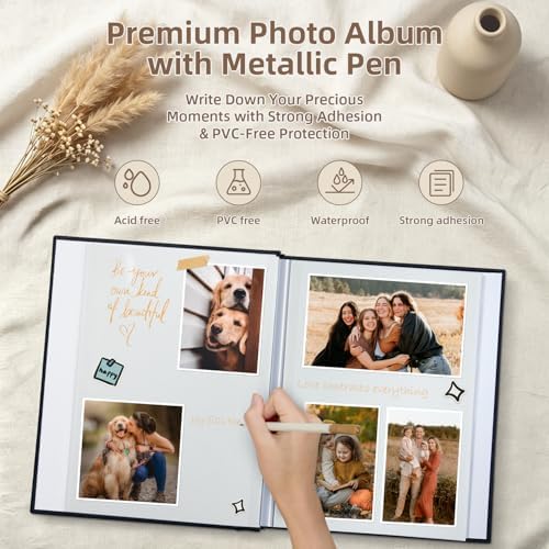 Popotop Photo Album Self Adhesive with Picture Display Window,60 Pages DIY Scrapbooking Supplies Kit for 4x6 10x12 Picture,Linen Cover Memory Book for Baby Wedding, with Scraper and Metallic Pen - Image 4