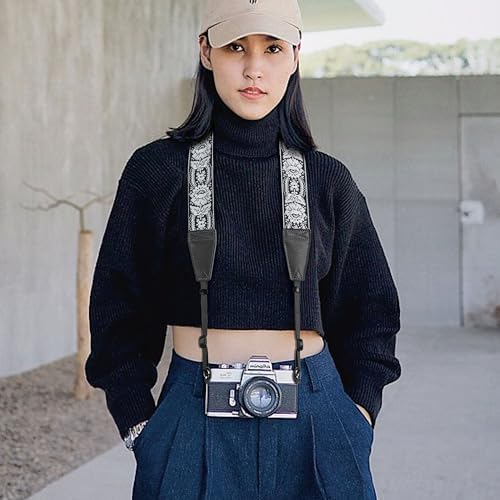Padwa Lifestyle Camera Strap - 2" Full Grain Leather Ends Camera Straps for Photographers, Vintage Embroidered Cotton Weave Soft Suede Fabric Padded Strap Quick Release fits All Cameras - Image 4