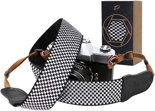 Padwa Lifestyle Black and White Fine Plaid Camera Strap - 2" Wide Cowhide Head Cotton Strap,Vintage Check Weave Neck Shoulder & Crossbody Camera Straps for Photographers Gift and All DSLR Cameras by PadwaLifestyleCameraStrap