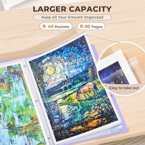 JoyCat 11 x 17 Art Portfolio Binder, 40 Pockets Display 80 Pages, Purple - Image 3