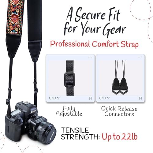 Art Tribute Camera Strap - Shoulder, Crossbody & Neck Camera Strap for Photographers, Fits All Cameras, Canon Nikon Sony Fujifilm, Padded Strap W/Quick Release, Embroidered Cotton & Leather Ends, Red - Image 4