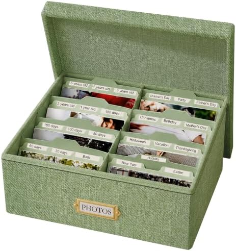 Linen Photo Storage Box, Large Organizer Box, Holds 1700 Picture, Green by QIQUWU