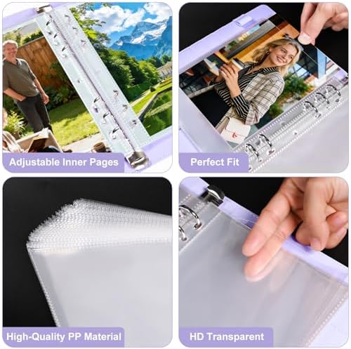 PU Leather A5 Binder, 5x7 Photo Sleeves with 60 Pockets, Secure Top Loading Pages, Refillable Adjustable Album for Keepsakes, Purple - Image 7
