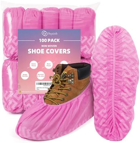 squish Shoe Covers Disposable Non Slip, 100 Pack(50 pairs) Pink Thick Extra Disposable Boot Covers Slip Proof Shoe Cover for Indoors Outdoors Durable Protector Covers Fits Virtually Most Shoes by squish