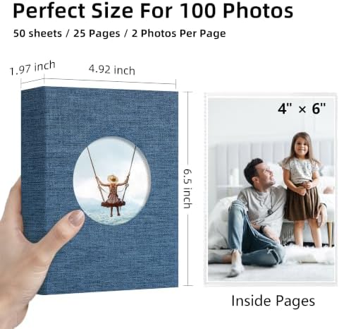 Vienrose Photo Album 4x6 Photos 100 Pockets Linen Cover Slip-in Photo Book with Round Window for Wedding, Vacation Memories, Personalized Picture Organizer, Blue - Image 2