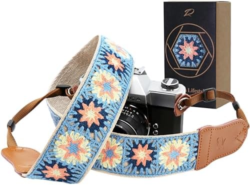Padwa Lifestyle Hollow Crochet Pink Daisy Camera Strap - Double Layer Cowhide Ends,2" Cotton Vintage Camera Straps, Adjustable Neck & Shoulder Strap for All DSLR Cameras,Great Gift for Photographers by PadwaLifestyleCameraStrap