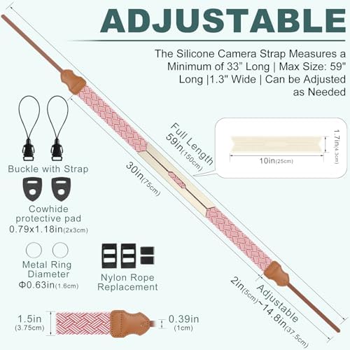 FIEIL Neck Strap Silicone Camera Straps - Padded Camera Strap, 1.5" Wide Adjustable Neck Strap - Compatible with Canon, Nikon, Sony, and More DSLR and Mirrorless Cameras (Red and White Stripes) - Image 5