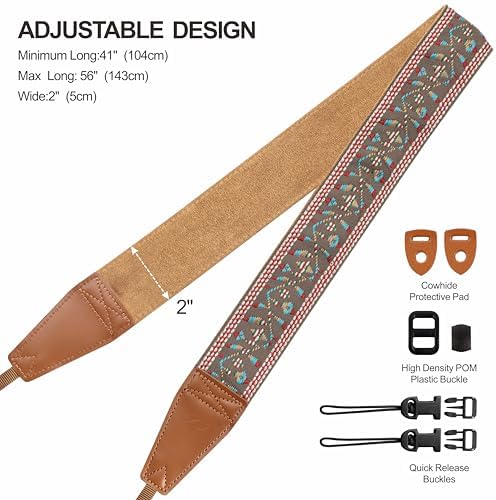 Padwa Lifestyle Matte Gold Camera Strap - 2" Full Grain Leather Ends Camera Straps for Photographers, Vintage Embroidered Cotton Weave Soft Suede Fabric Padded Strap Quick Release fits All Cameras - Image 6