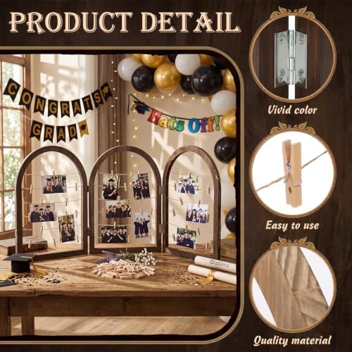Briwooody 3 Panel 53 x 24 Inch Photo Display Rack with Clips Wooden Arched Picture Collage Frames Board for Farmhouse Wedding Postcard Greeting Card Organizer Holder Home Dorm(Black Walnut) - Image 3