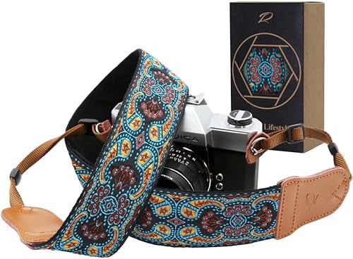 Padwa Lifestyle Mystic Blue Camera Strap - Double Layer Cowhide Ends,2" Pure Cotton Embroidered Woven Camera Straps,Universal Neck&Shoulder Strap Adjustable for All DSLR Cameras,Gift for Photographers by PadwaLifestyleCameraStrap