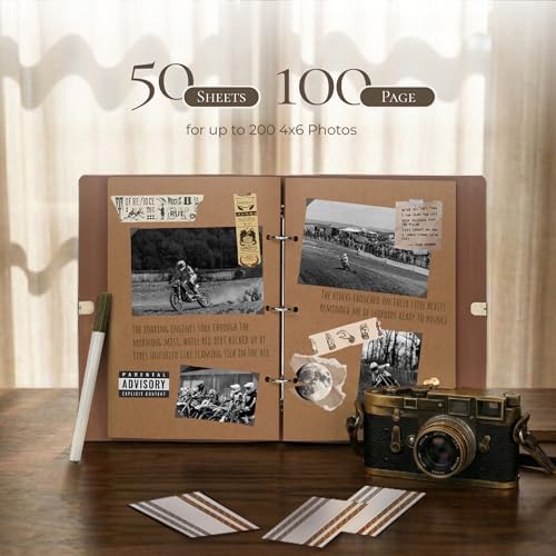 Vienrose Faux Leather Scrapbook Photo Album with 100 Pages Kraft Paper for 4x6 5x7 6x8 Photos, Vintage binder 3 ring DIY Memory Book for Valentines Anniversary Christmas Birthday Travel Brown - Image 4