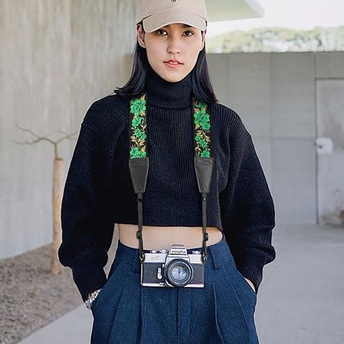 Padwa Lifestyle Green Rose Camera Strap - 2" Full Grain Leather Ends Camera Straps for Photographers, Vintage Embroidered Cotton Soft Suede Fabric Padded Strap Quick Release fits All Cameras - Image 5