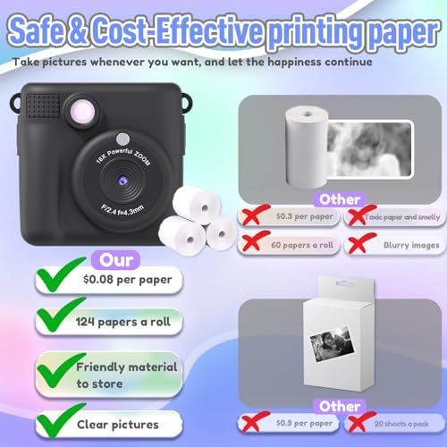 ESOXOFFORE Kids Camera Instant Print, Christmas Birthday Gifts for Kids Age 3-12, Selfie Digital Camera with 1080P Videos,Toddler Portable Travel Cameras Toy for 4 5 6 7 8 9 Year Old Boys Black - Image 5