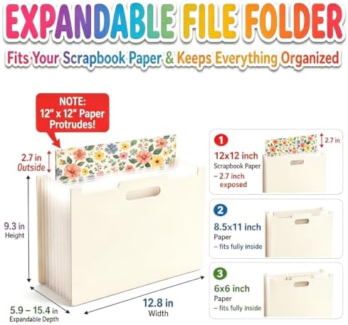 12x12 Scrapbook Paper Storage Organizer with 13 Expandable Pocket, Large Scrapbook Paper Storage for Craft Room Sticker Storage and Organization, Desktop Paper Holder (Cream) - Image 2