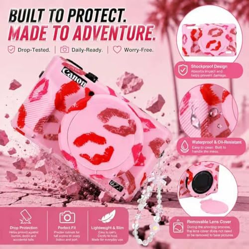 Cute Camera Case for Canon G7X Mark III,Silicone Protective Cover with Removable Lens Cap,Bracelet Wrist Strap & 2 Pack Tempered Glass Screen Protector for Women (Pink Lips) - Image 6