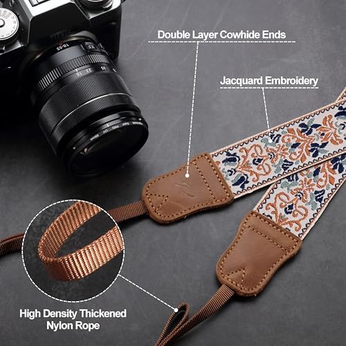 Padwa Lifestyle Camera Strap - 1.5" Crazy Horse Cowhide Head Cotton Strap,Vintage Embroidery Camera Straps for Photographers and All Cameras,Cute Adjustable Shoulder Neck Strap for Adults & Kids - Image 4