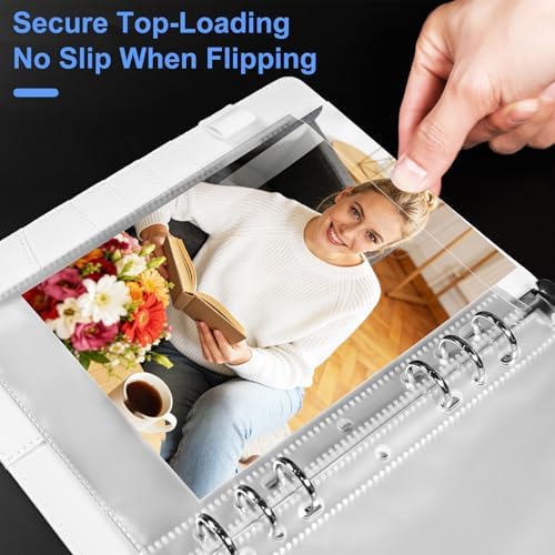 A5 PU Leather Photo Album with 60 Pockets, 5x7 Top Loading Double-Sided Sleeves, Adjustable 6 Ring Binder for Photos, Scrapbook & Keepsakes, White - Image 3