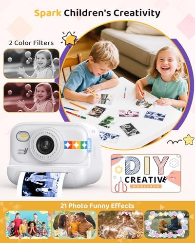 Kids Color Instant Print Camera – Kids Camera with 5 Color Photo Paper, 48MP & 1080P Video, 21 Fun Frames, 32G Card, Christmas/Birthday Gifts for Girls and Boys Ages 3 4 5 6 7 8 9 10 11 12 -White - Image 3