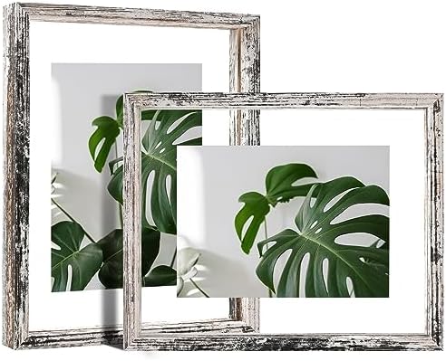 Egofine Distressed White 8x10 Floating Frames Set of 2, Double Plexiglass Picture Frame, Made of Solid Wood Display Any Size Photo up to 8x10, Wall Mount or Tabletop Standing by Egofine