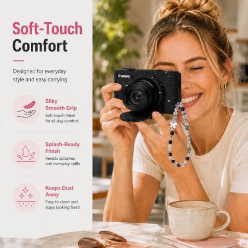 Cute Camera Case for Canon PowerShot SX740 HS/SX730 HS,Silicone Protective Cover with Removable Lens Cap,Wrist Strap & 2 Pack Tempered Glass Screen Protector for Women (Black Star) - Image 4