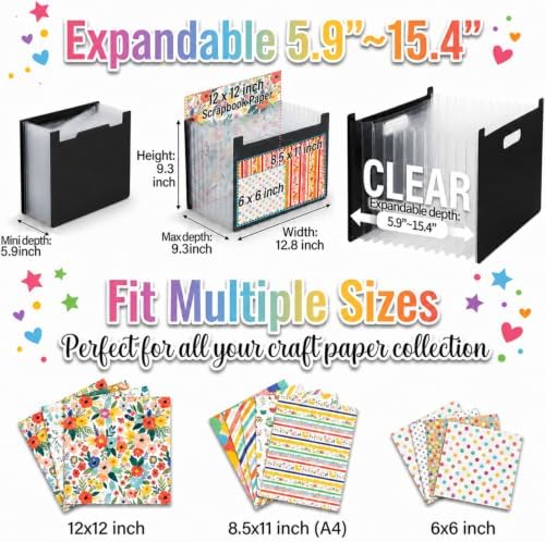 12x12 Scrapbook Paper Storage Organizer, Expandable 13 Pocket Desktop Paper Organizer Storage for Scrapbook Essentials, Large Scrapbook Storage for Photos, Washi Tape, Sticker (Black) - Image 5