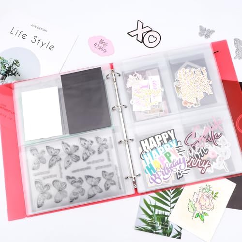A4 Dies and Stamps Storage Book Binder Folder, Page Protectors Pockets Inserts Organizer for Cutting Dies Stencil Album Stamp Crafts, 1Pcs Red Storage Book Cover & 20 Inserts with 1/2/3/4 Pockets - Image 3