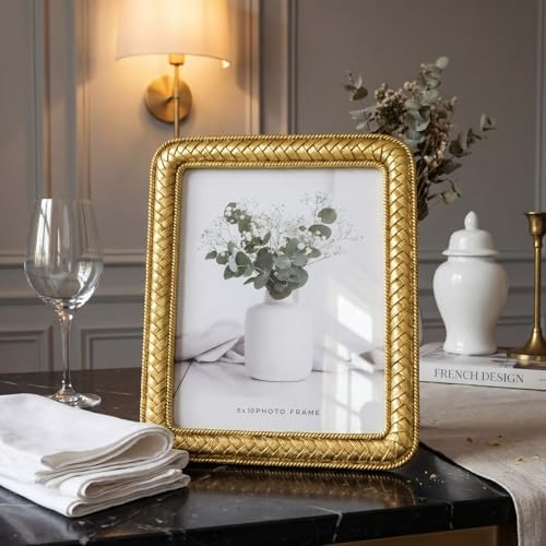 Cuspin 8x10 Gold Picture Frame, Vintage Decorative Rattan Resin Photo Frame - Image 3