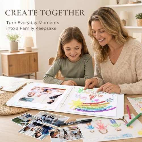 Vienrose Large 3 Ring Scrapbook Album 14.2 x 13 Inch, Textured Paper Cover DIY Photo Album with 40 Plastic Sleeves for Photos Baby Travel Wedding Anniversary Beige - Image 4