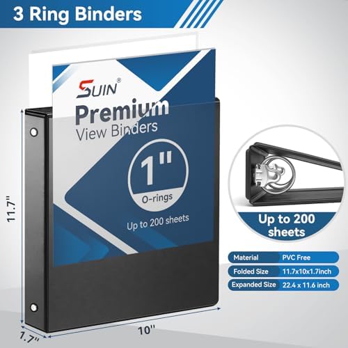 SUIN 1-inch 3 Ring Binder with 2 Interior Pockets, 1''Durable Binders Holds US Letter Size 8.5'' x 11'' Paper - Versatile Binders for Office, Home, and School Use, 6 Pack Black - Image 2