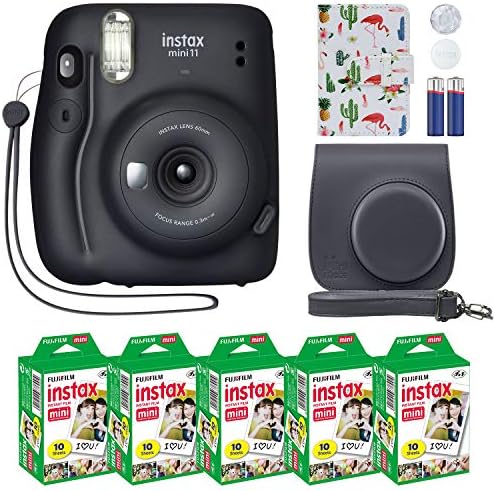 Fujifilm Instax Mini 11 Instant Camera Charcoal Gray + MiniMate Accessory Bundle & Compatible Custom Case + Fuji Instax Film Value Pack (50 Sheets) Flamingo Designer Photo Album by FUJIFILM