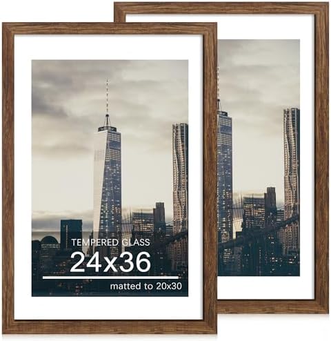 24x36 Poster Frame Set of 2, 24 x 36 Wood Picture Frames with Mat for 20x30, Wooden Photo Frame with Tempered Glass Cover for Wall Mounting Display, Rustic Brown by CCDCC