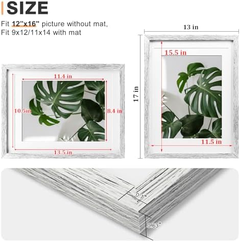 Egofine 12x16 Picture Frames Set of 4, Made of Solid Wood Covered by Plexiglass 9x12 and 11x14 with Mat or 12x16 without Mat, for Wall Mounting Photo Frame Driftwood White - Image 3