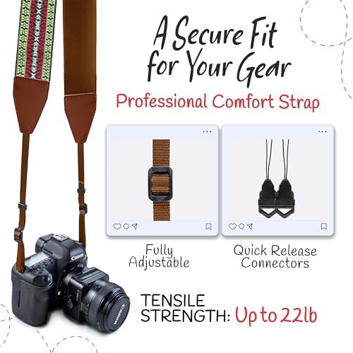Art Tribute Camera Strap - Shoulder, Crossbody & Neck Camera Strap for Photographers, Fits All Cameras, Canon Nikon Sony Fujifilm, Padded Strap W/Quick Release, Embroidered Cotton & Leather Ends - Image 4