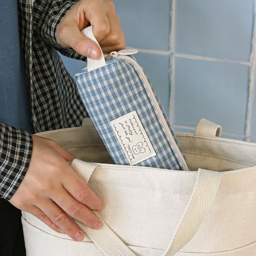 Monolike Unmatched Friends Fabric Check Block Pencil Case, Vintage sky - Aesthetic Gingham Pastel Desk Organizer, Soft Padded Makeup Brush Case, Trendy Minimalist Stationery Pouch - Image 3