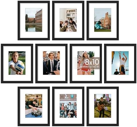 upsimples 8x10 Picture Frame Set of 10, Display Pictures 5x7 with Mat or 8x10 Without, Multi Photo Frames Collage for Wall or Tabletop Display, Black by upsimples