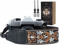 Padwa Lifestyle Camera Strap - 2" Wide Vintage Jacquard Embroidery Brown Flower Camera Straps with Genuine Leather Head,Adjustable Neck Shoulder Strap for All Cameras and Men & Women Photographers by PadwaLifestyleCameraStrap