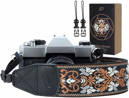 Padwa Lifestyle Camera Strap - 2" Wide Vintage Jacquard Embroidery Brown Flower Camera Straps with Genuine Leather Head,Adjustable Neck Shoulder Strap for All Cameras and Men & Women Photographers by PadwaLifestyleCameraStrap