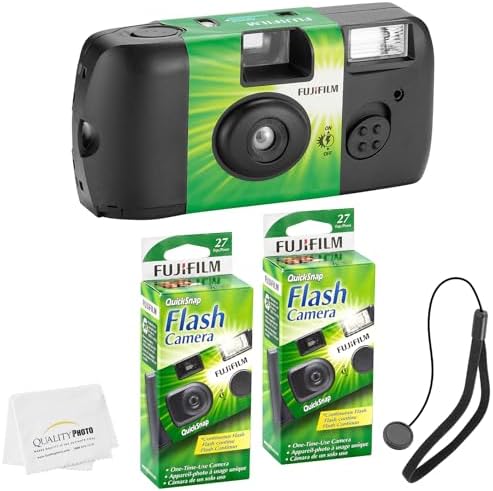 Fujifilm QuickSnap Flash 400 Disposable 35mm Camera + Hand Strap + Quality Photo Microfiber Cloth (2 Pack) by FUJIFILM