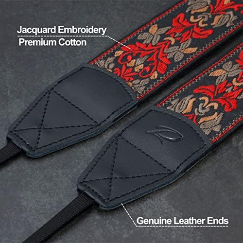 Padwa Lifestyle Camera Strap - 2" Wide Red Vintage Jacquard Embroidery Flower Camera Straps with Genuine Leather Head, Adjustable Neck Shoulder Strap for All Cameras and Men & Women Photographers - Image 2
