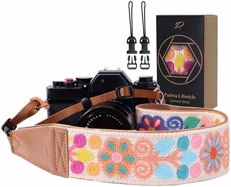 Padwa Lifestyle Colorful Crochet Camera Strap - 2" Full Grain Leather Ends Camera Straps for Photographers, Vintage Woven Cotton Soft Suede Fabric Padded Strap with Quick Release fits All Cameras by PadwaLifestyleCameraStrap