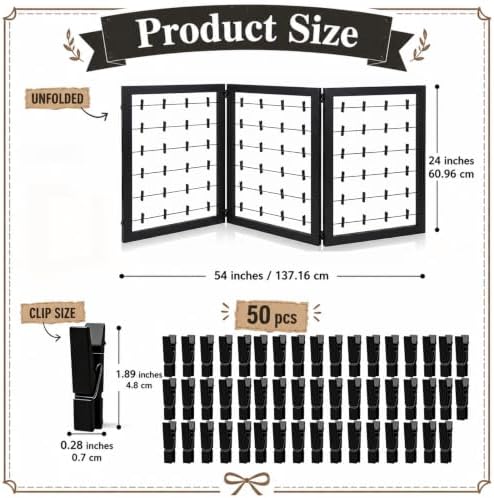 Geelin 54 x 24 Inch Photo Display Board with Clip Farmhouse Picture Display Wooden Rustic Freestanding Picture Collage Frame Wedding Tabletop Decor for Home Dorm (3 Panel,Black) - Image 2