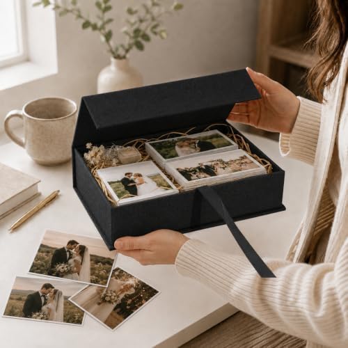 Vienrose Linen Photo Storage Box, 8"x10", Postcard Keeper, Black - Image 2