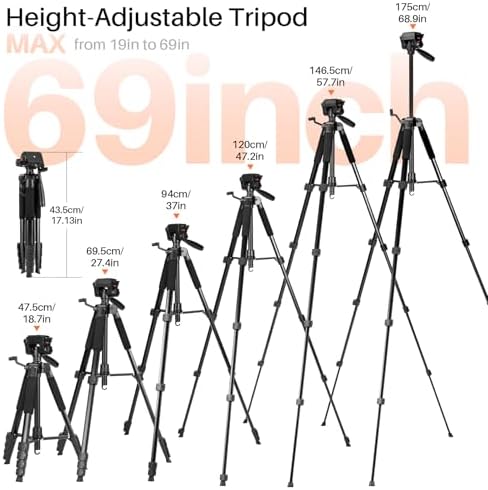 Fotopro 69'' Camera Tripod Lightweight Portable Travel Tripod for Camera and Phone with Detachable 3-Way Pan Head Phone Stand for Video Recording with Carry Bag and Cellphone Clip, Max Load 6.6lb - Image 2