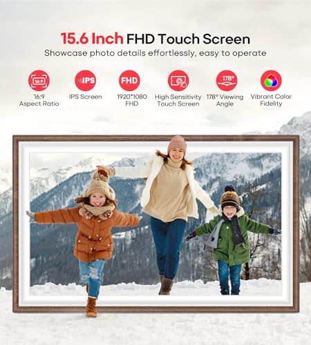 64GB Frameo 15.6" Digital Picture Frame Large 1920 x 1080 IPS FHD Touch Screen WiFi Electronic Photo Frames Share Moments Instantly Anywhere Best Gifts for Parents and Grandparents Brown Wood White - Image 4