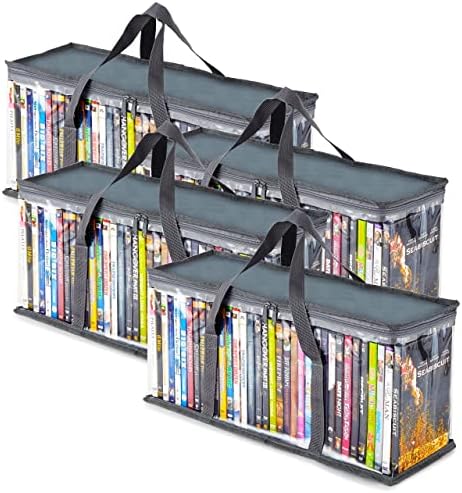 Stock Your Home DVD Storage Bags (Set of 4) Media Organizer Bag for DVDs, CDs, Blu Ray Disc, Movie Cases, VHS Box, Video Game Disks, Clear Plastic Holders with Carrying Handles and Zipper - Gray by StockYourHome