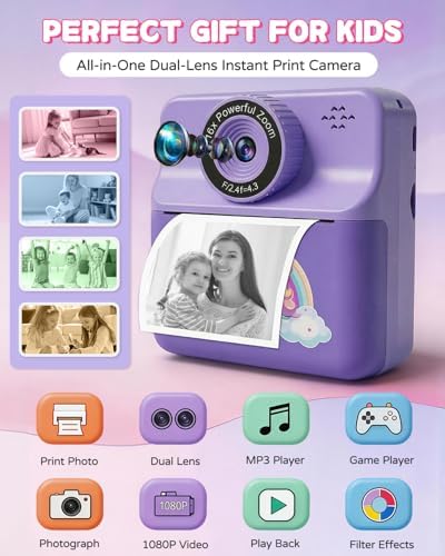 Kids Camera Instant Print with Carrying Case, Digital Selfie Camera with 6 Rolls Print Paper, 5 Monochrome Colors, 32GB SD Card, Portable Toddler Camera for Girls 3-12, Christmas Birthday Gift - Image 2