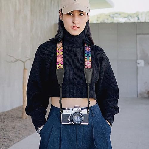 Padwa Lifestyle Colorful Crochet Camera Strap - 2" Full Grain Leather Ends Camera Straps for Photographers, Vintage Woven Cotton Soft Suede Fabric Padded Strap with Quick Release fits All Cameras - Image 5
