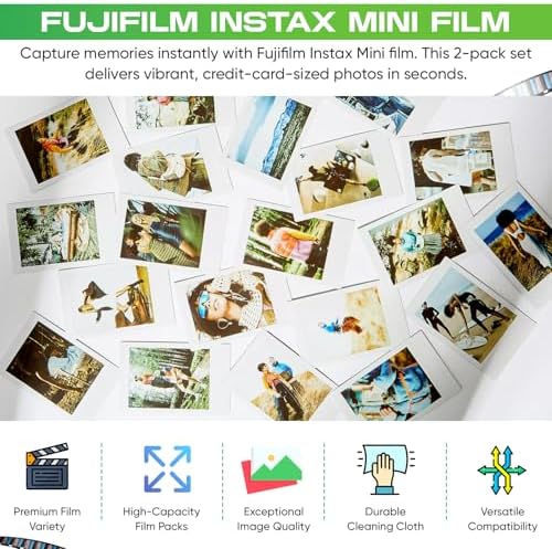 Fujifilm Instax Mini Film Two Instant Film Twin Packs - 40 EXP Total, ISO 800, Compatible to Mini Evo, Mini 12, Mini 11, Mini 40 Bundeld with Premium Balveli Microfiber Cloth - Image 2